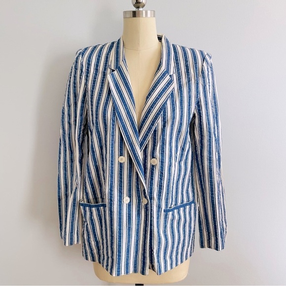 Diane Von Furstenberg Summer Cotton Stripe Double Breasted Blazer- Size 14 - Picture 1 of 9
